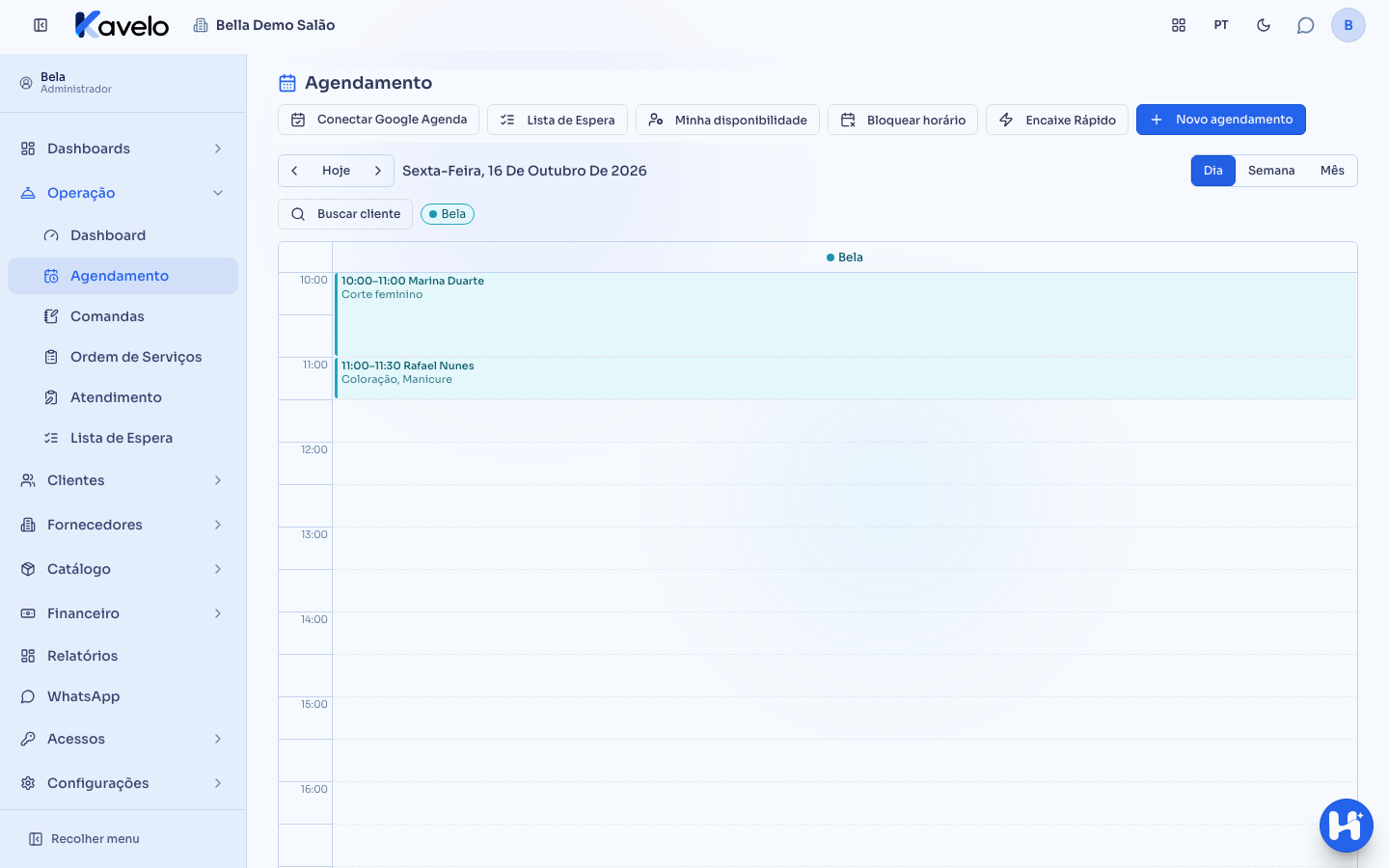 Agenda do salão, com os horários de cada profissional lado a lado