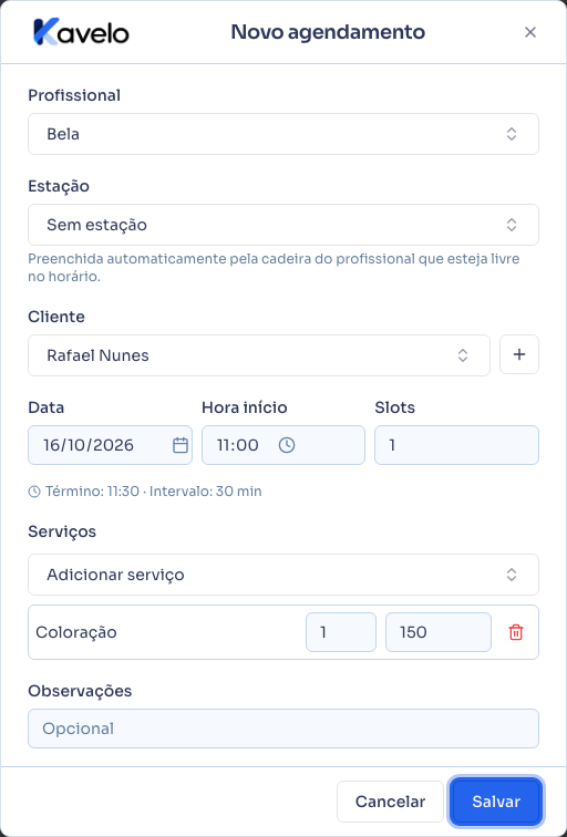 Diálogo de novo agendamento com profissional, cliente, data e hora preenchidos