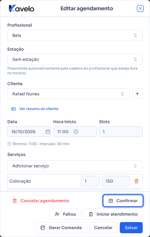 Diálogo do agendamento com o botão Confirmar em destaque