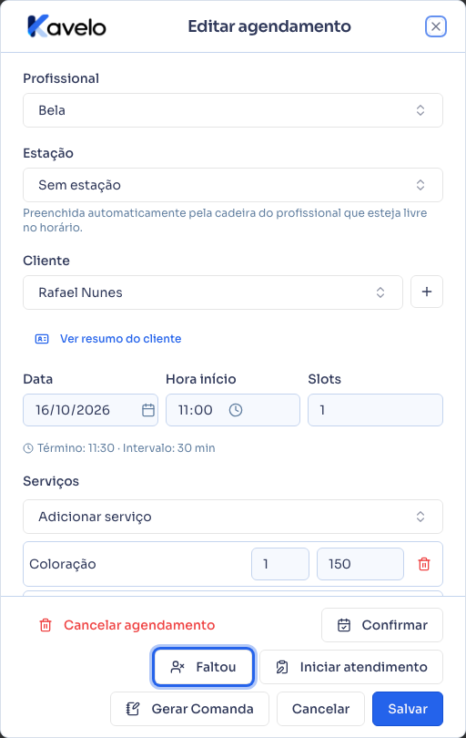 Diálogo do agendamento com o botão Faltou em destaque