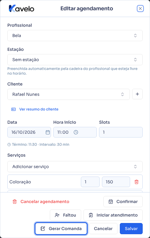 Diálogo do agendamento com o botão Gerar Comanda em destaque