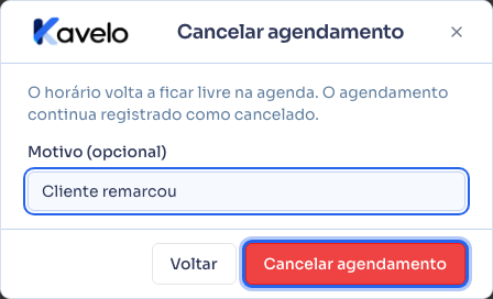 Diálogo de confirmação de cancelamento do agendamento, com o motivo preenchido