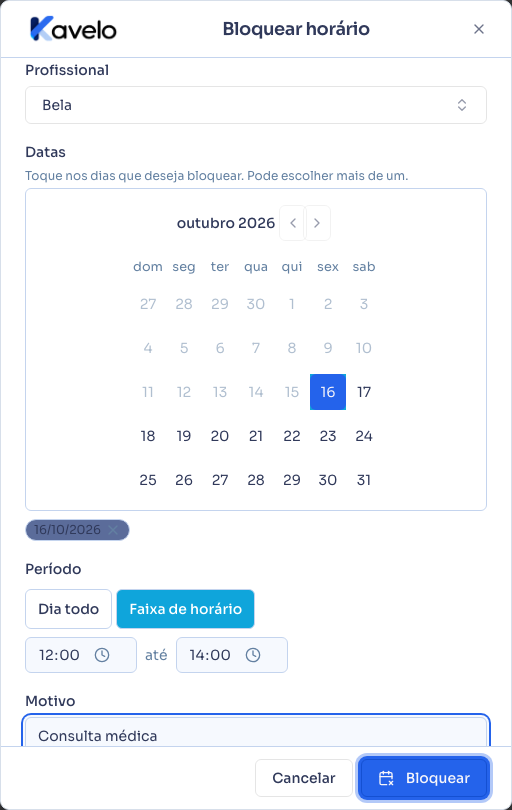 Diálogo Bloquear horário com a faixa das 12h às 14h e o motivo preenchidos
