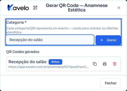 Janela Gerar QR Code do modelo, com a categoria digitada