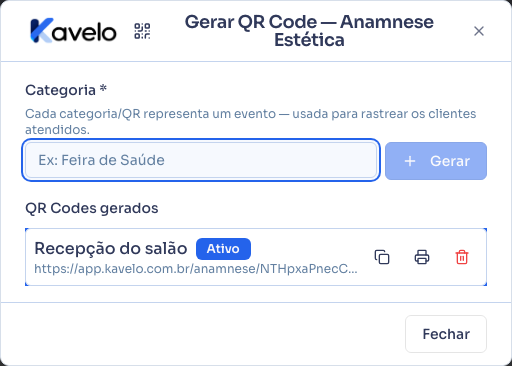 Link gerado na lista de QR Codes, com os botões de copiar e imprimir