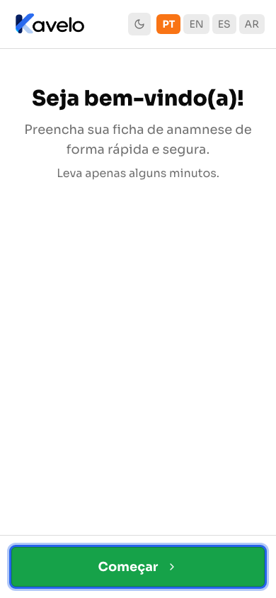 Página de boas-vindas da ficha aberta no celular, com o botão Começar