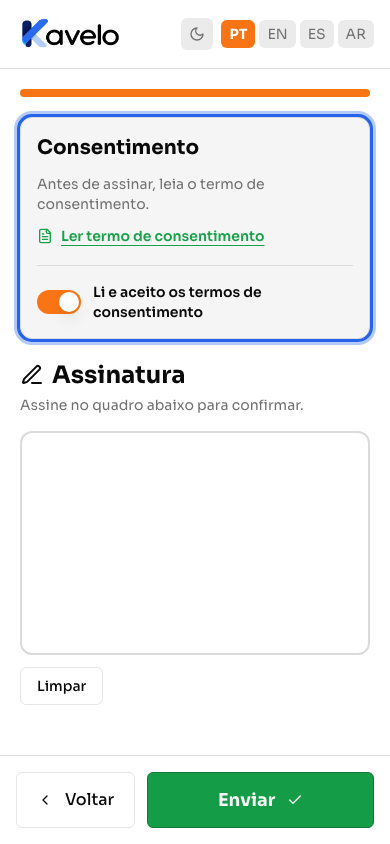 Bloco Consentimento com o link do termo e o aceite marcado