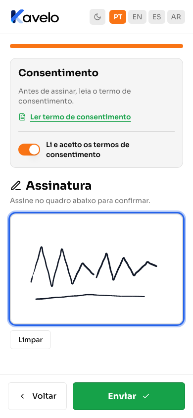 Assinatura desenhada no quadro, com o botão Limpar