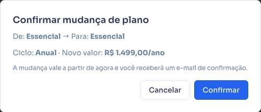 Confirmação de mudança de plano com o plano de origem e o de destino, o ciclo e o novo valor