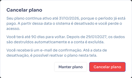 Aviso de cancelamento com a data até quando o plano continua ativo e o prazo de 90 dias para voltar