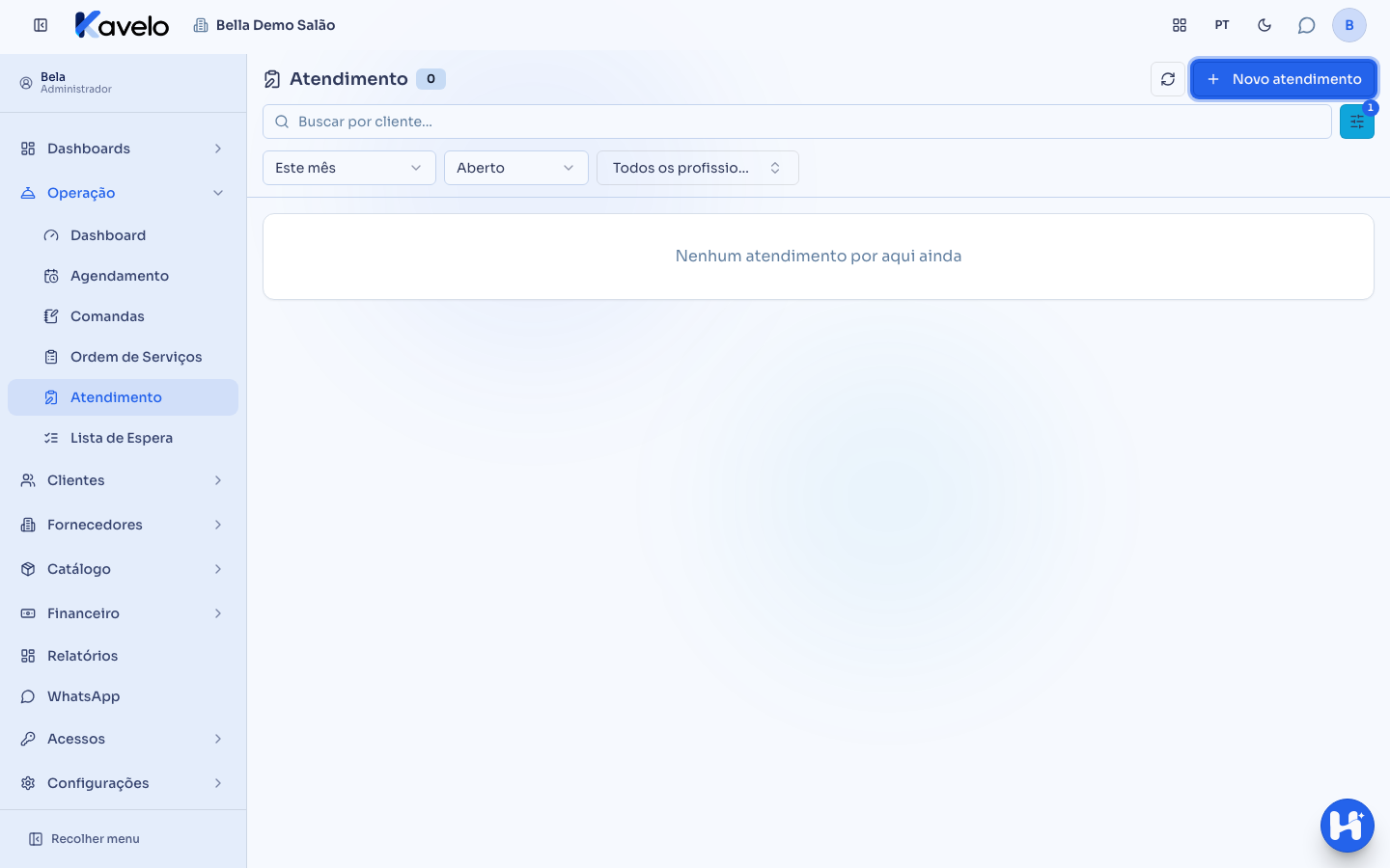 Tela de Atendimento, com a lista de atendimentos em aberto