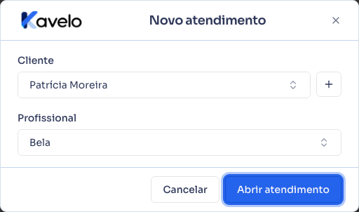 Diálogo Novo atendimento, com cliente e profissional escolhidos