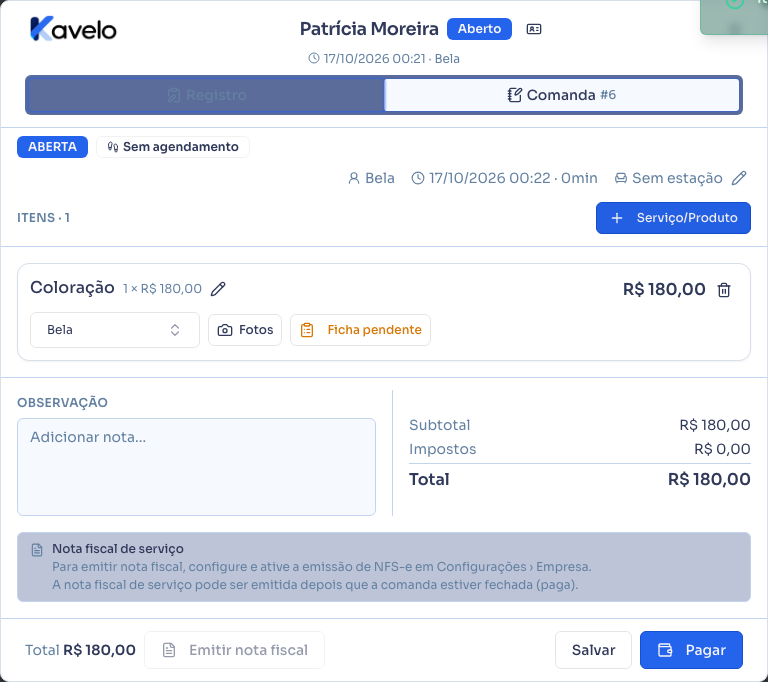 Aba Comanda com um serviço lançado