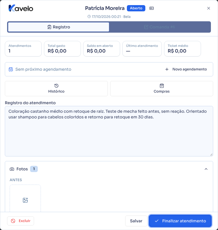 Botão Finalizar atendimento em destaque, na aba Registro