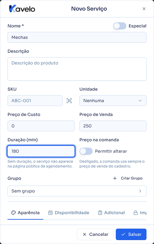 Cadastro de um novo serviço, com nome, preço e duração preenchidos