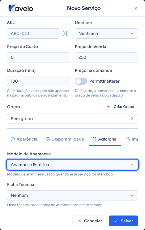 Aba Adicional, com o modelo de anamnese vinculado ao serviço