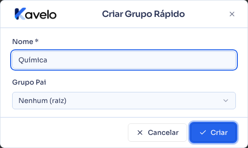 Diálogo de criar grupo rápido, com o nome preenchido
