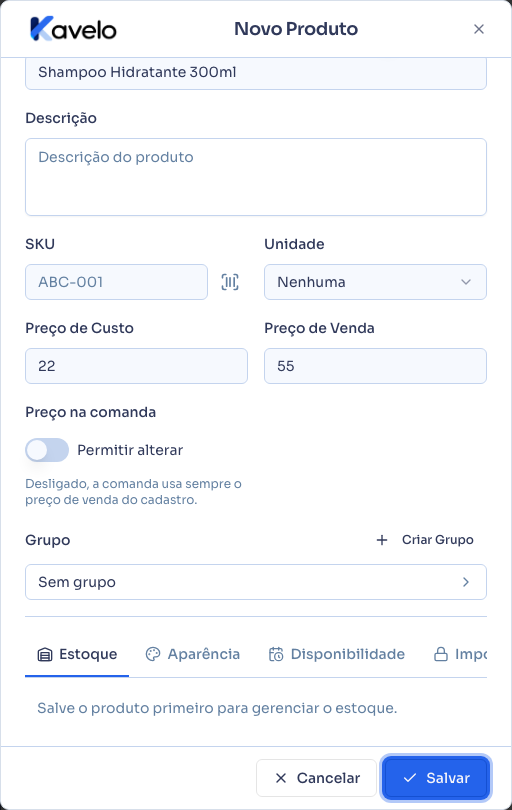 Cadastro de um novo produto, com a aba Estoque pedindo para salvar primeiro
