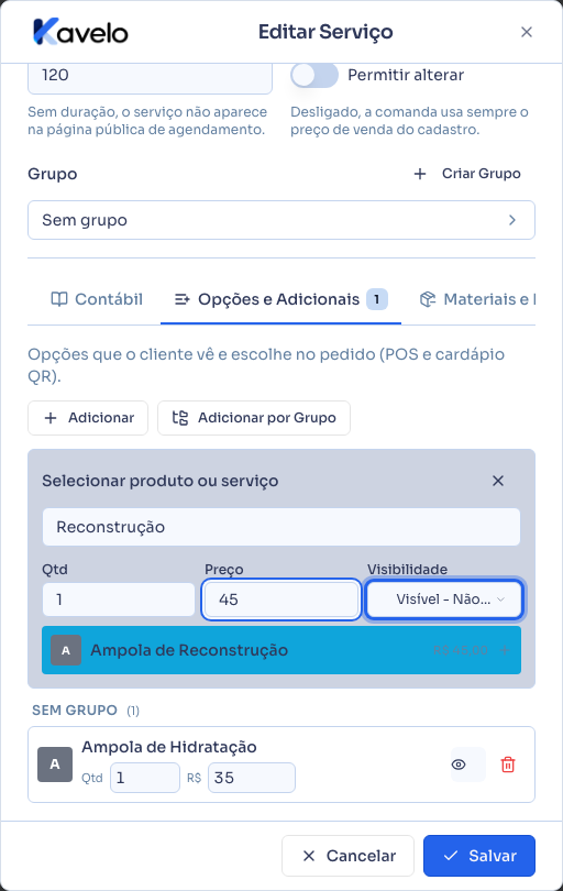 Aba Opções e Adicionais, com uma ampola já vinculada e o seletor aberto para incluir outra