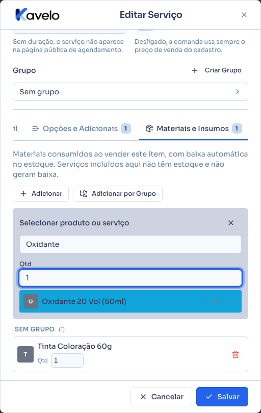 Aba Materiais e Insumos, com a tinta já vinculada e o seletor aberto com a quantidade de oxidante