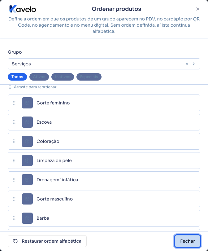 Diálogo de ordenar os serviços dentro de um grupo