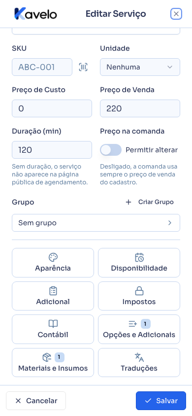 Cadastro do serviço no celular, com as abas em forma de botões