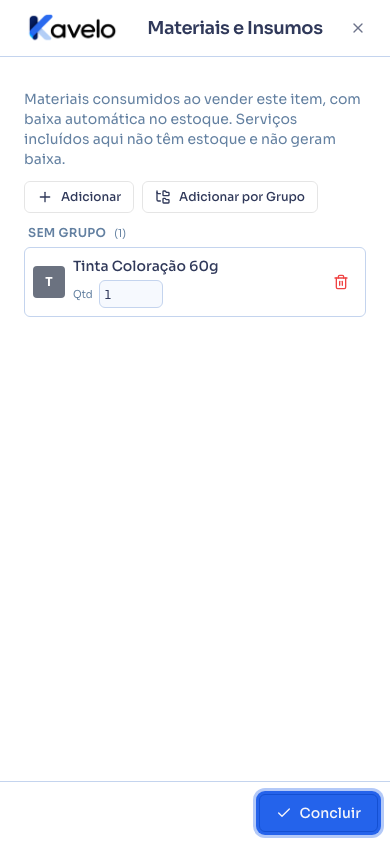 Aba Materiais e Insumos aberta em tela cheia no celular, com o botão Concluir