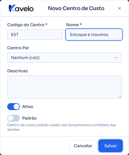 Formulário de novo centro de custo preenchido, pronto para salvar