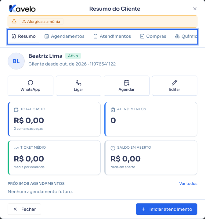 Resumo do Cliente, com a tag de alerta e as abas no topo