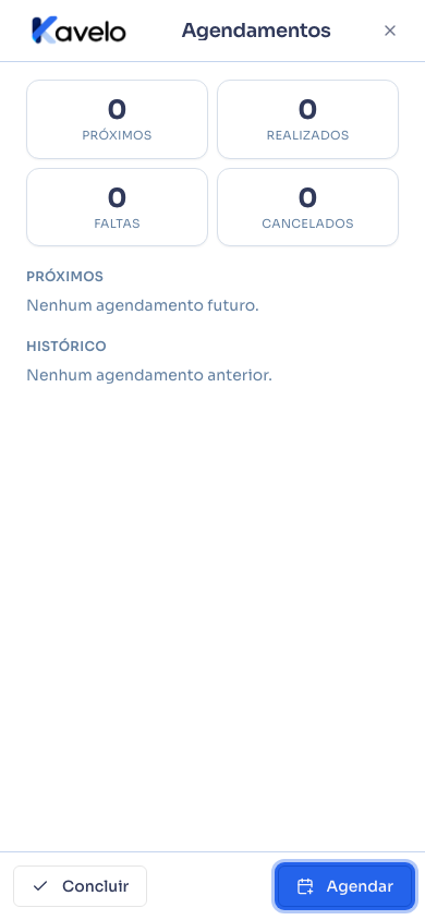 Resumo do Cliente no celular, com a aba Agendamentos aberta e os botões Concluir e Agendar