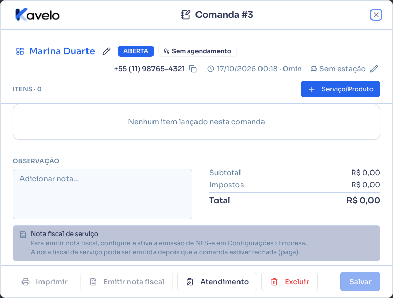 Tela de Comandas com o botão Nova Comanda em destaque, e o diálogo de abertura aberto