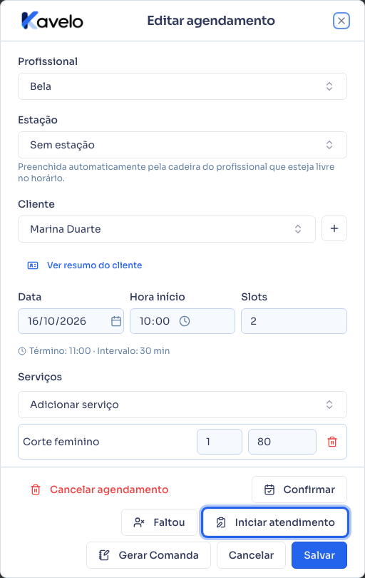 Diálogo de editar agendamento com o botão Iniciar atendimento em destaque