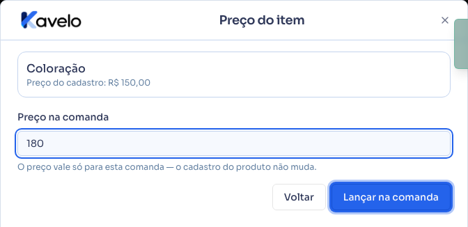 Tela de preço do item, com o valor combinado com o cliente antes de lançar na comanda
