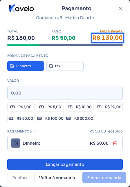 Pagamento parcial na comanda, com o valor já pago e o que falta pagar