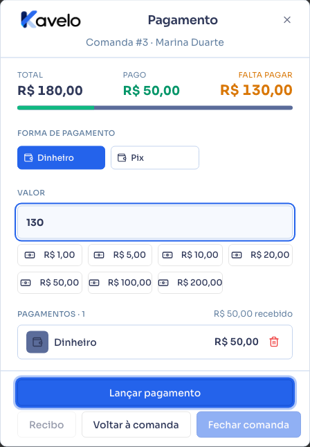 Diálogo de pagamento com o valor restante preenchido, pronto para lançar o último pagamento