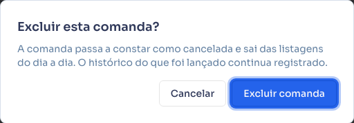 Diálogo de confirmação Excluir esta comanda? aberto sobre a tela da comanda