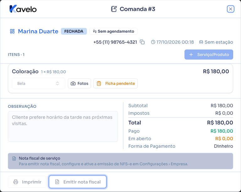 Comanda fechada com o botão Emitir nota fiscal no rodapé