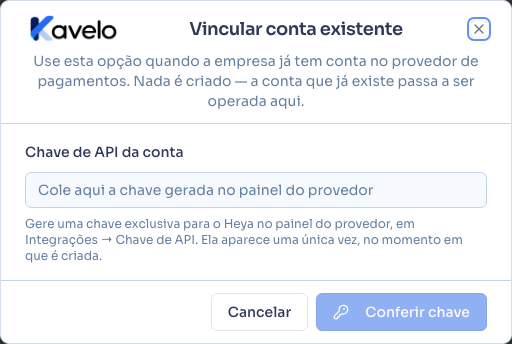 Diálogo Já tenho conta — vincular, com o campo da chave de API