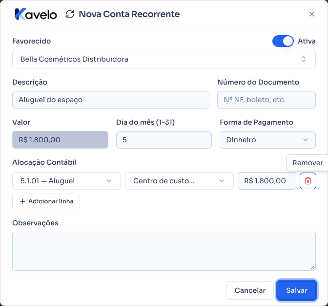 Nova conta recorrente preenchida, com a alocação contábil definindo o valor