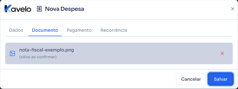 Documento selecionado, pronto para salvar junto com a despesa