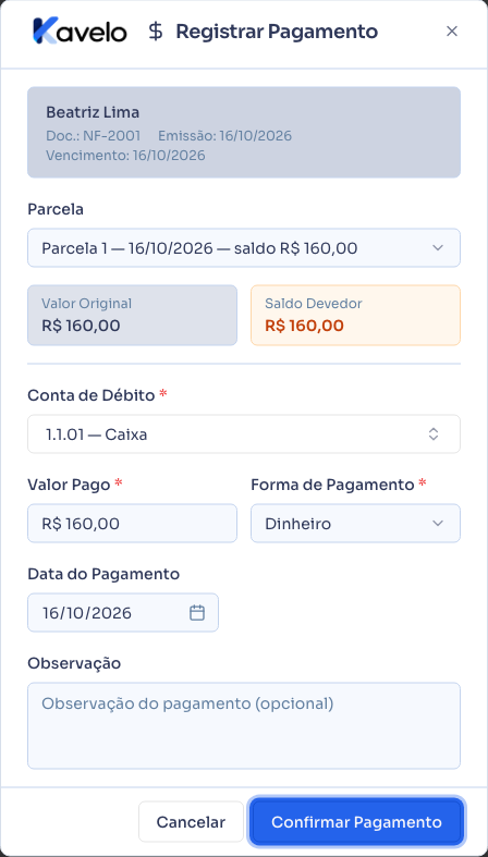 Diálogo de pagamento de uma parcela, com a conta de débito escolhida