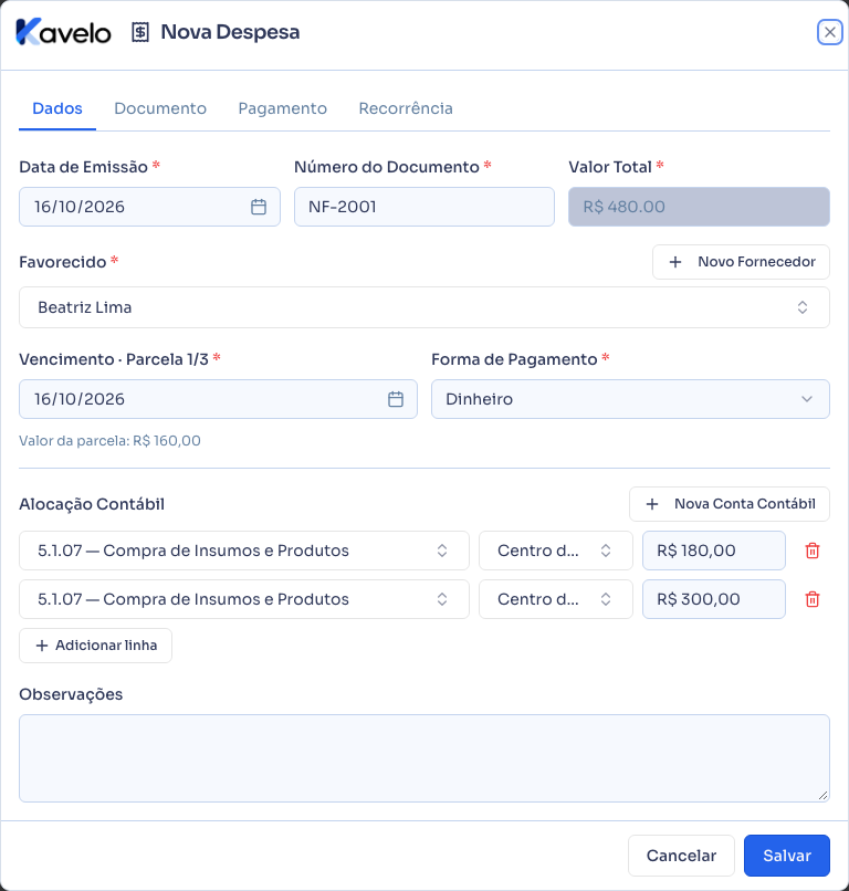 Nova despesa preenchida a partir de uma despesa existente, pronta para ajustar