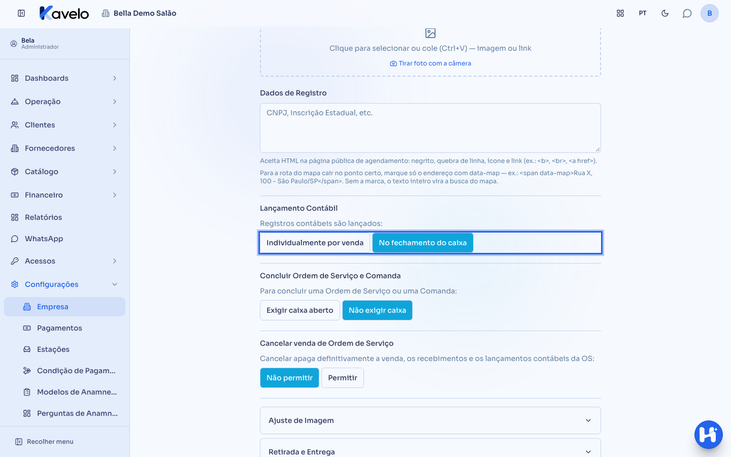 Opção de lançamento contábil no fechamento do caixa selecionada