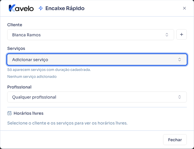 Cliente selecionado no Encaixe Rápido
