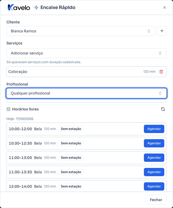 Serviço adicionado, com a lista de horários livres já carregada
