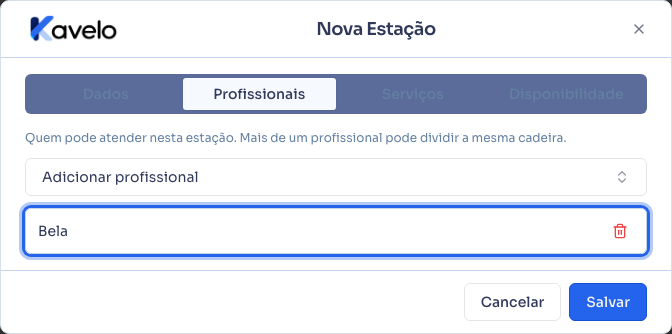 Aba Profissionais com um profissional vinculado à estação