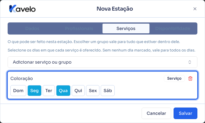 Aba Serviços com um grupo de serviços vinculado, disponível às segundas e quartas