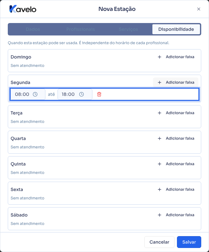 Aba Disponibilidade com uma faixa de horário adicionada na segunda-feira