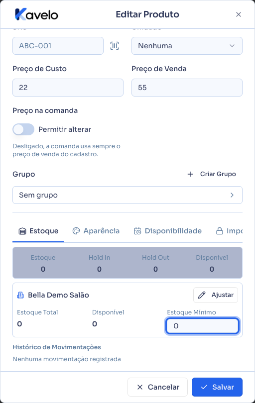 Aba Estoque do produto, com o campo Estoque Mínimo em destaque