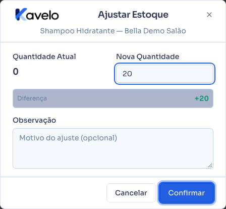 Janela Ajustar Estoque, com a nova quantidade e a diferença calculada